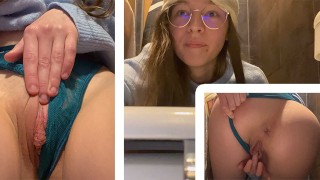 Teen fucks herself in public toilette at the Cinema