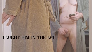 I Can't help but get involved-Caught him Jerking off and Helped him Finish quick on my hairy pussy!